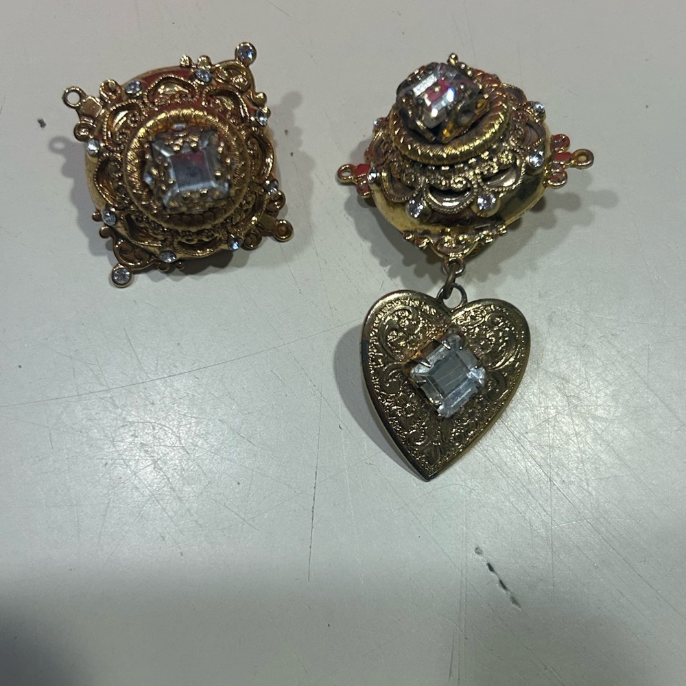 Vintage Gold and Silver Heart Earrings With Crystals
